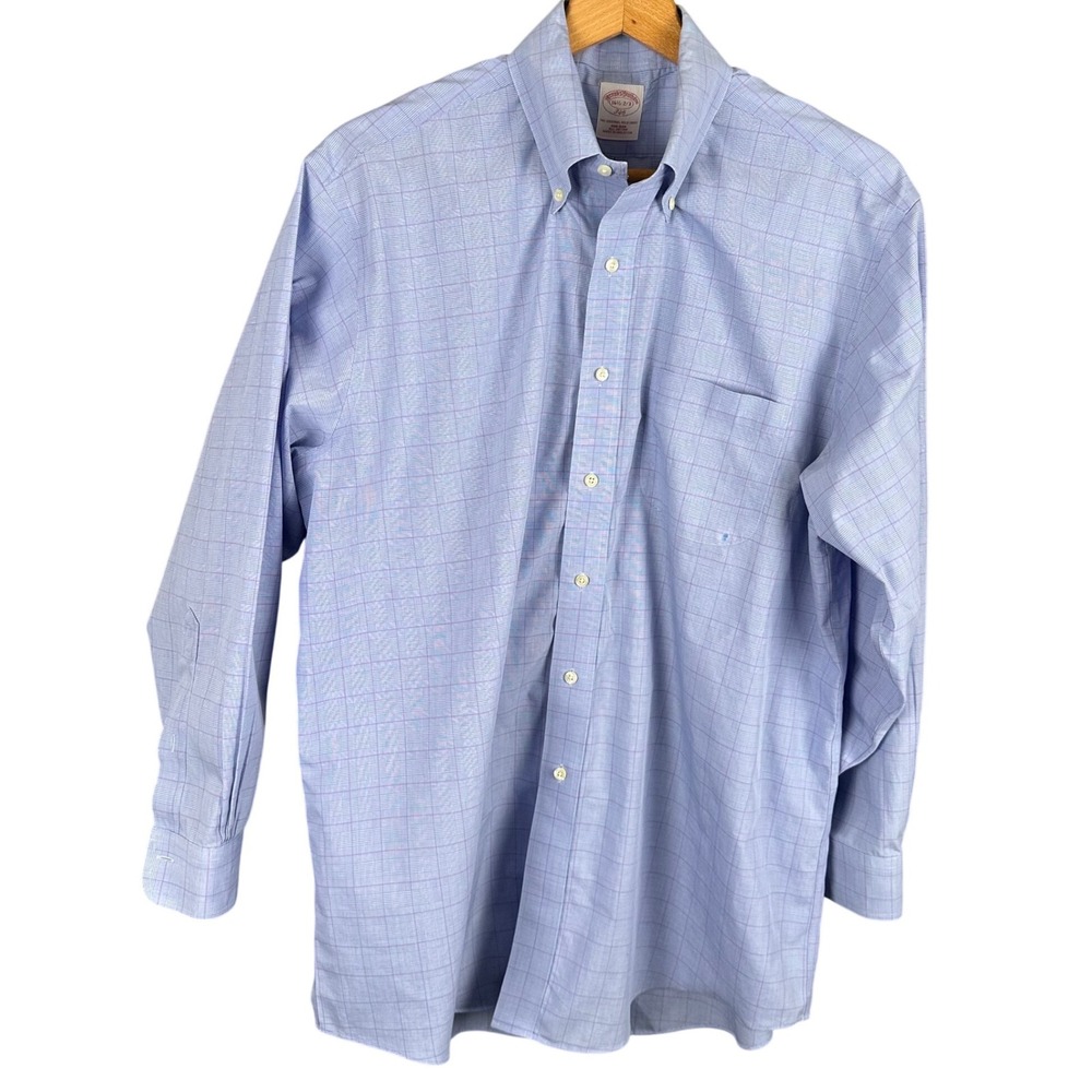 Brooks Brothers 346 Mens 16.5 2/3 Blue Purple Glen Plaid Non-Iron Cotton Shirt